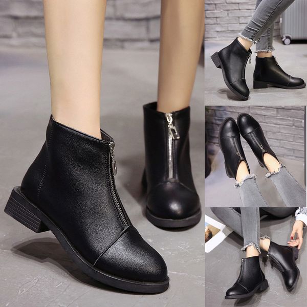 

boots women square heel candy color shoes martain leather zipper solid round toe, Black