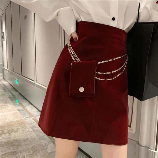 

bust skirt of tall waist, cultivate morality show thin a word joker leisure pu leather skirt wave distribution chain, Black;gray