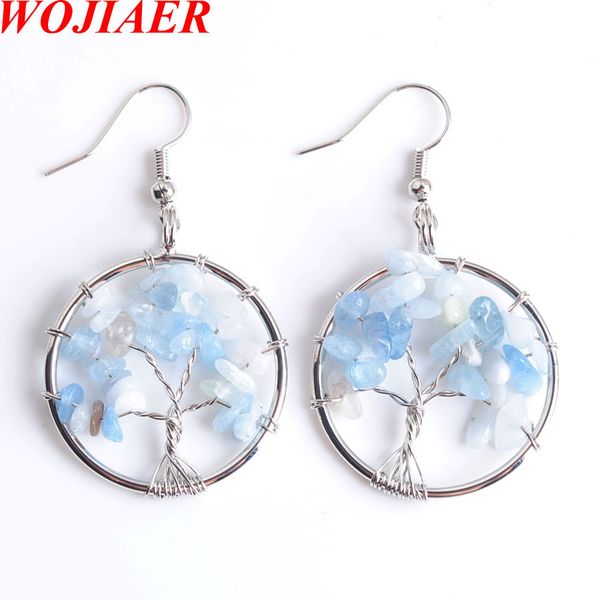 

wojiaer древо жизни висячие серьги ушная капля натуральный морской синий чип камень бусины рейки 7 чакра исцеление ювелирные изделия dr8002, Silver
