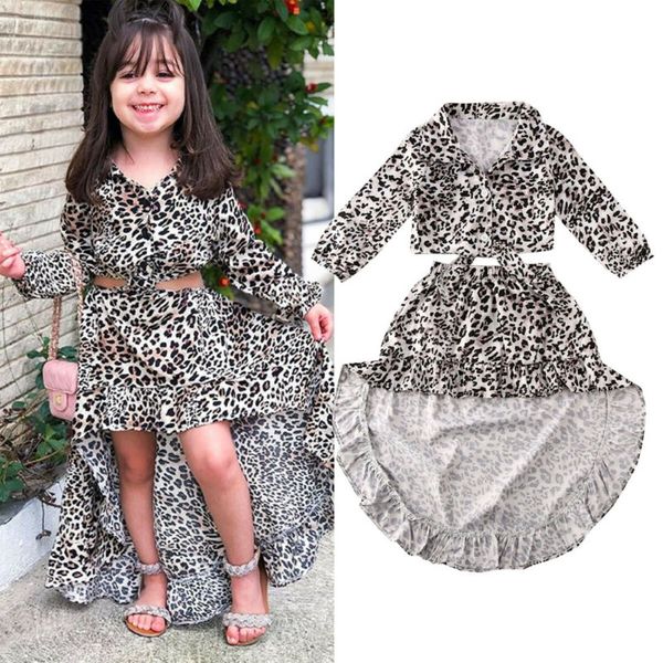 

2pcs мода kid baby girl одежда crop top нерегулярное рябить платье leopard outfit set, White