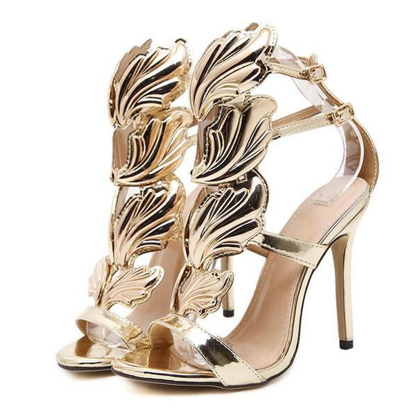 

dijigirls new summer women high heels gold winged leaves cut-outs stiletto gladiator sandals flame party high heel sandal shoes, Black