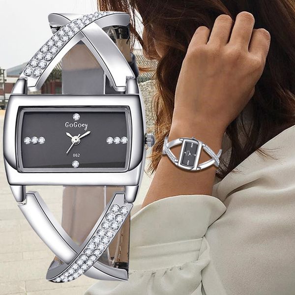 

daily quartz analog stainless steel case classical crystal rhinestone fashion rectangle women wristwatch cross bracelet hollowed, Slivery;brown