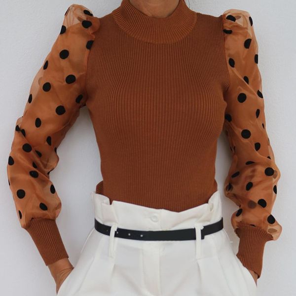 

spring winter fashion women turtleneck sweater women ribbed knitted polka dot mesh puff sleeve jersey sweater, White;black
