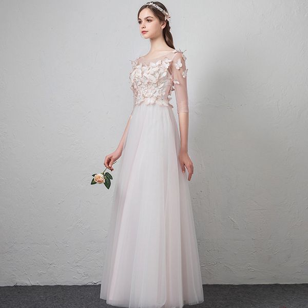 

simple scoop a-line white modest wedding dresses online with sleeves floor length with lace butterflies wedding gowns for destination