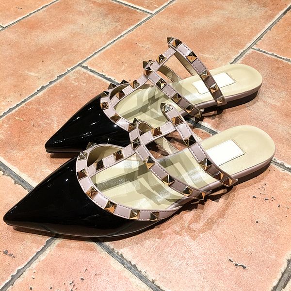 

wholesale dress shoes women designer rivet sandal patent high heels leather pointy toe shallow mouth daily sandals lady wedding shoes 34-42, Black