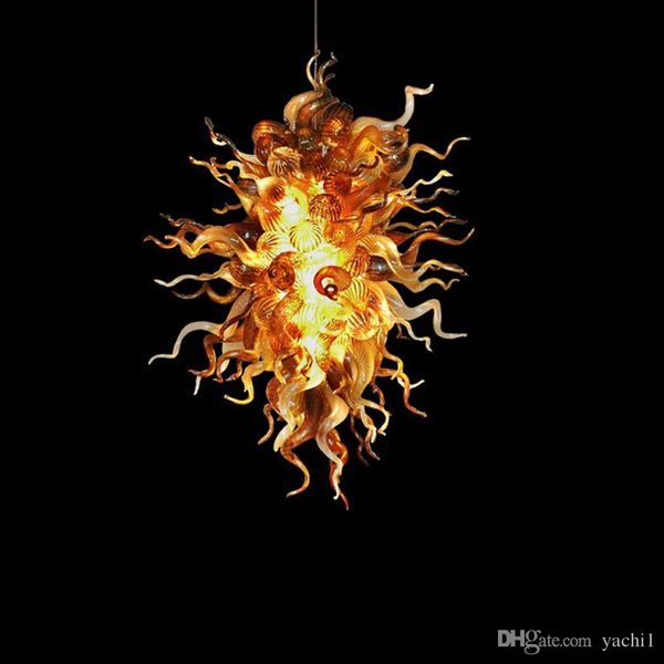 

orange murano glass chandelier pendant light dale chihuly style hand blown glass leaves suspended fixture on gold frame livingroom bedroom