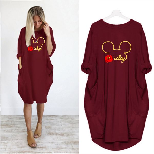 

dress women cute mickey printing pocket loose dresses vintage fall maxi clothes party casual dresses woman plus size dress 2019, Black;gray