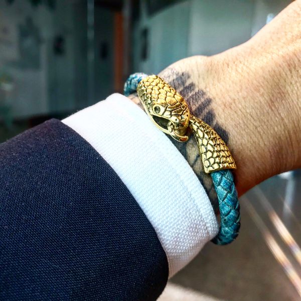 

bracelet men/leather/bracelet & bangle leather with stainless steel snake head bracelets for men fashion pluk jewelry 2019 homme, Golden;silver