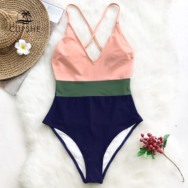 

cupshe cross block цельный купальник женщин v-образным вырезом backless лоскутная monokini 2020 девочка-бич регулируемые костюмы btahing куп, White;black