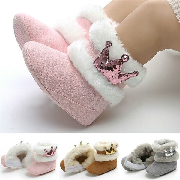 

toddler baby girl sequined crown winter boots shoes plush soft crib sole shoes newborn warm snow boots prewalkers, Black;grey