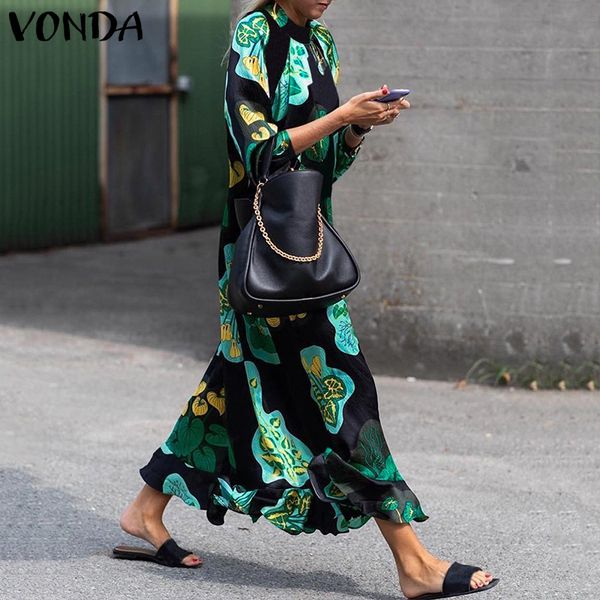 

2019 vonda summer dress women long maxi dress vintage floral printed long sleeve loose beach sundress plus size casual vestidos, Black;gray