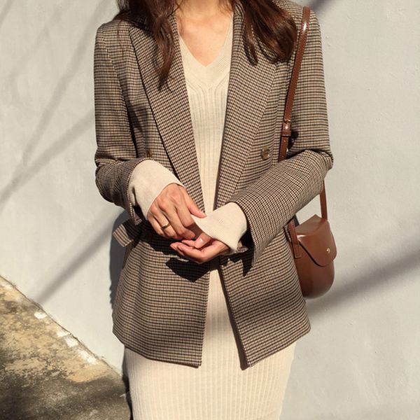 

vintage double breasted office ladies plaid blazer long sleeve loose houndstooth suit coat jacket women blazers female 2019, White;black