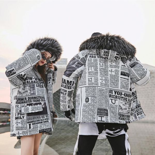 

2019 fur collar hooded men winter jacket hip hop newspaper whole body print man jacket and coat windproof male parkas casaco, Black