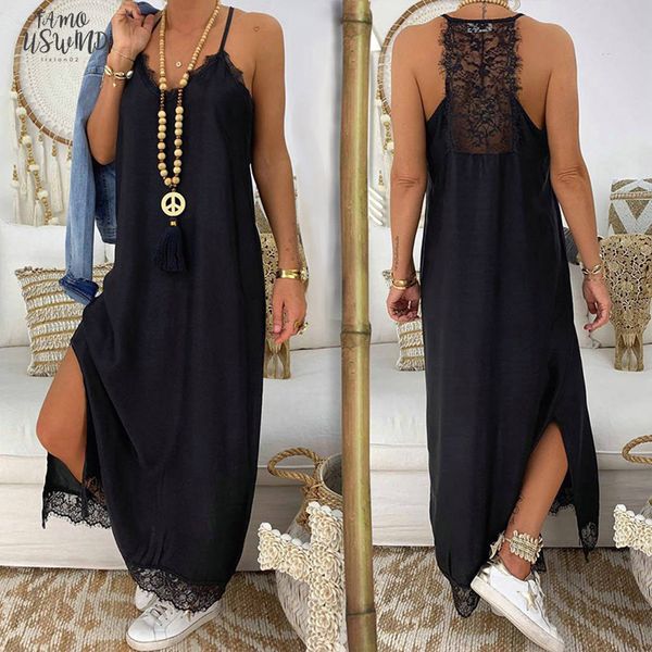 

women summer bohemian solid lace sleeveless ankle length sling holiday party dress new fashion beach sundress, Black;gray