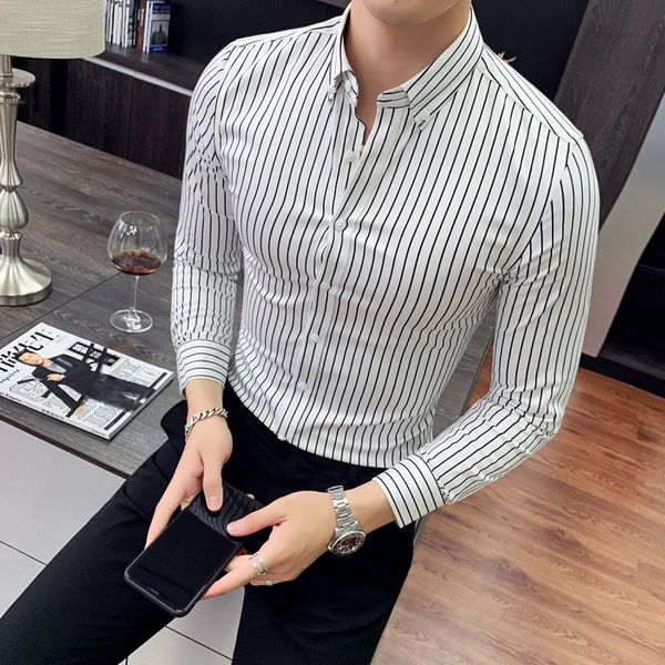 

men's business casual striped long-sleeved shirt/men's slim fit formal shirt camisa men's wear spring 2020, White;black