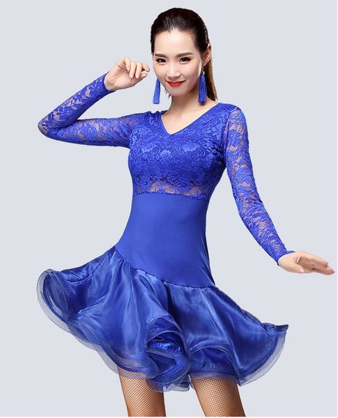 

autumn 2018 and winter new latin dance costume female long-sleeved lace flounced dress show costume dance skirt, Black;red