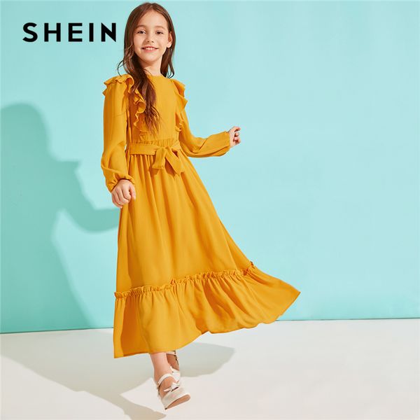 

shein kiddie girls solid ruffle hem dress with belt 2019 autumn high waist bishop sleeve zipper back kids cute maxi dresses, Red;yellow