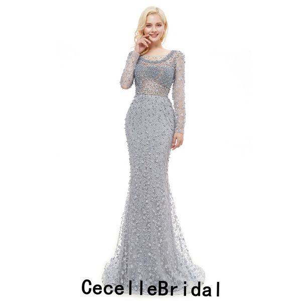 Acheter 2019 Gris Perles Sirène Longue Robes De Soirée De Luxe Avec Des Manches Longues Sheer Top Lourdement Perlée Femmes Formelle Soirée Sexy Porter