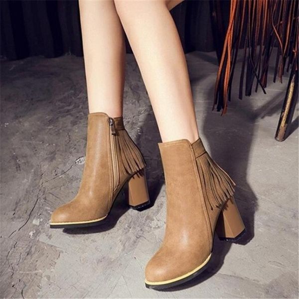 

Women Boots Tassel Short Tube Knight Boots Spring Fashion Chunky Heel Mid Heel Zipper Shoes Femme, Black