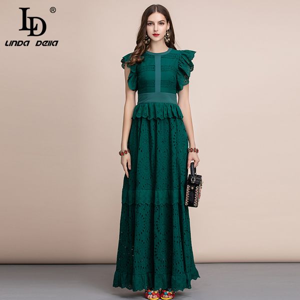 

ld linda della autumn elegant solid maxi long dress women's ruffles sleeve front self belted cotton formal party dresses gown, Black;gray