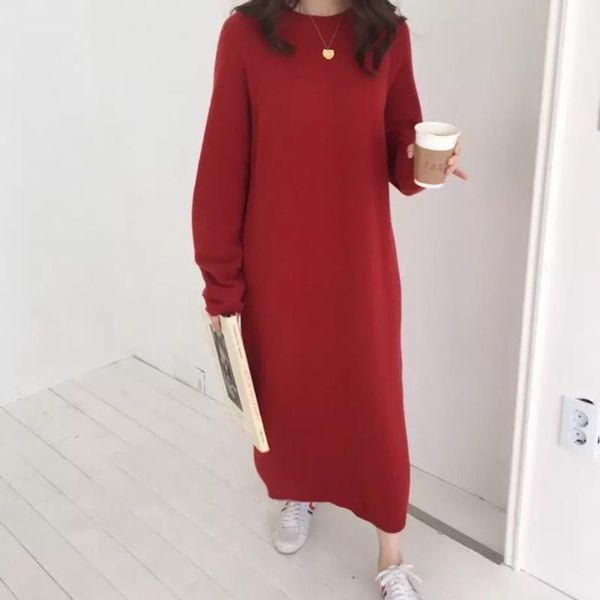 

women's sweaters women autumn winter long sweater dress female sleeve straight oversized knitted dresses round collar cozy korean, White;black