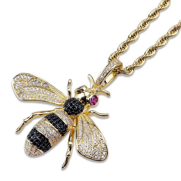 

iced out pendant hip hop jewelry micropave simulated diamond cz bling bee pendant necklace with rope chain for men, Silver