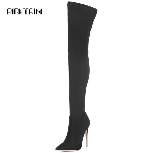 

ribetrini sexy острым носом шпильках сапоги на высоком каблуке для женщин партии свадебная обувь женщина поскользнуться на над коленом сапог, Black