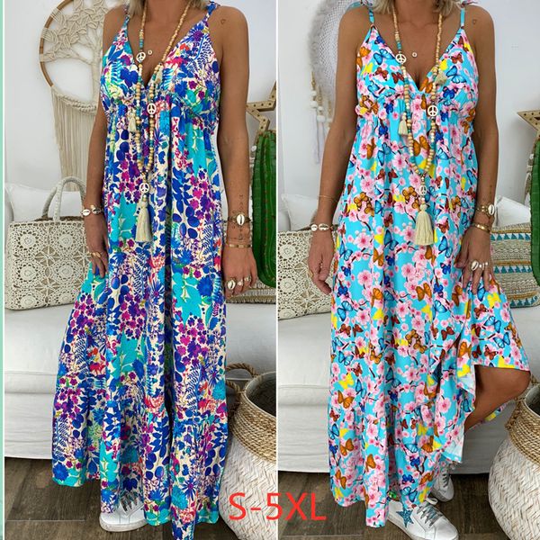 

good quality floral print dresses deep v neck female casual sleeveless women plus size 5xl 4xl 3xl beach dress, Black;gray