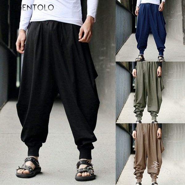 

lugentolo шаровары мужские свободные широкие ноги шнурок сплошной цвет лето повседневная легкая полная длина плиссированные мужские брюки, Black