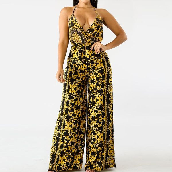 

sexy женщин повода rompers шеи bare назад комбинезон printed wide leg комбинезон, Black;white