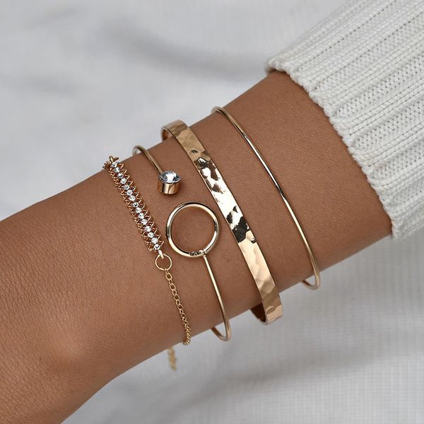 

4 pcs/ set exquisite gold round crystal chain banglet adjustable opening bracelet women fashion gold bracelet set combination, Black