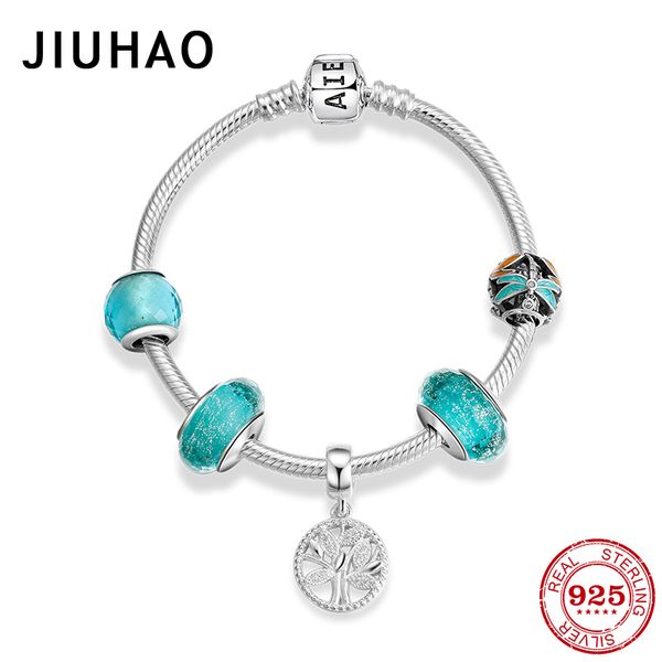 

green murano glass charm bracelets 925 sterling silver women tree of life pendant snake bone chain bracelets fashion jewelry, Golden;silver