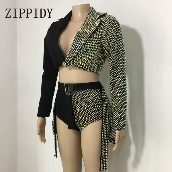 

sparkly ab rhinestones outfit black blazer short design party 2 pieces set dj female singer nightclub dance skirt costume, Black;red