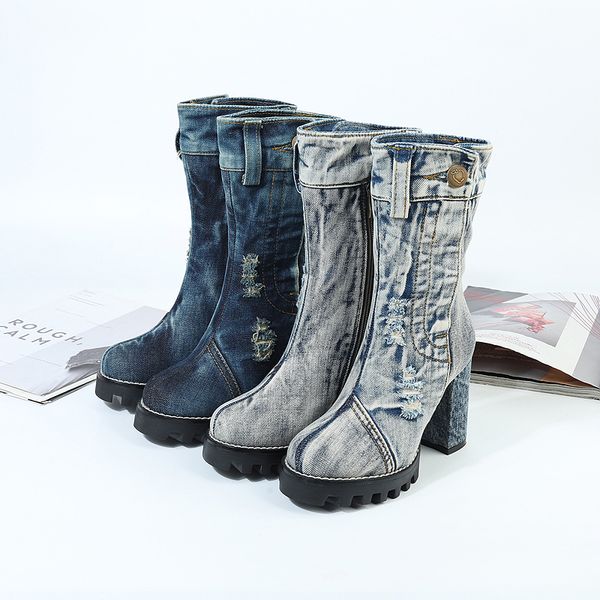 

winter high-heeled boots denim blue gray thick with women's plush boots mid-calf shoes platform woman botas, Black