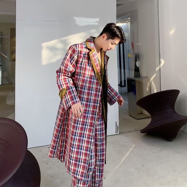 

men casual plaid trench coat overcoat male women vintage fashion streetwear long jacket windbreaker outerwear stage clothing, Tan;black