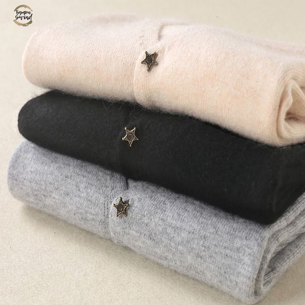 

star buckle 100% cashmere cardigan women thin coat short section autumn v neck collar long sleeve sweater female outwear, White;black