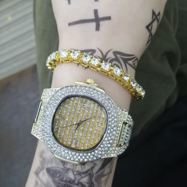 

hip hop rapper men jewelry hip hop men watch bracelets iced out crystal miami cuban chain gold silver men watch&bracelet set new, Golden;silver
