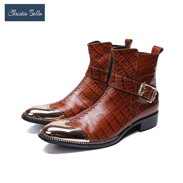 

christia bella men ankle boots fashion autumn winter genuine leather metal pointed toe buckle strap designer formal boots, Black