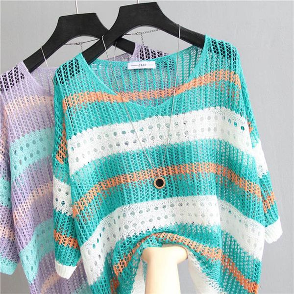 

women pullover stripe mesh hollow sweater female 2018 autumn fashion slim half sleeve knitted shirt casual clothing, White;black