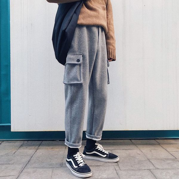 

winter padded pants men's warm fashion solid color casual woolen pants man streetwear wild hip hop loose straight trousers male, Black