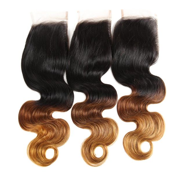 

gradient human hair bundles with closure extensions 1 bundles body wave hair with 4x4 lace closure unprocessed remy human hair weave, Black;brown