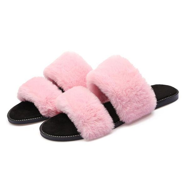 

new summer matching faux fur slippers ladies furry flat shoes ladies fluffy beach sandals fur home slippers, Black