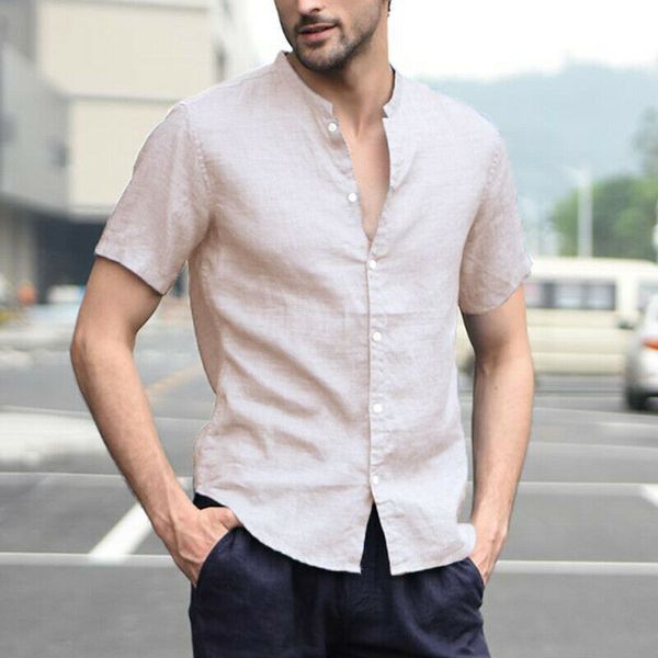 

new men's solid color casual men shirts stand collar buttoned cotton short sleeve shirt, White;black