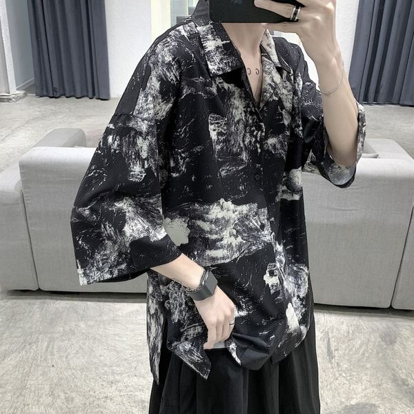 

рубашка 2020 лето новый тонкий сплошной цвет рубашки галстук-краситель для мужчин с семибалльной рукавами потерять случайные лацкане молодеж, White;black