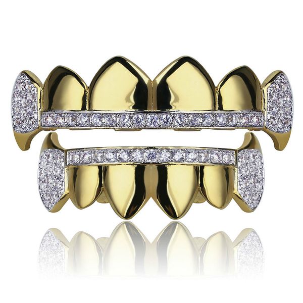 

discount 18k real gold teeth grillz caps iced out bottom vampire fangs dental grill set wholesale, Black