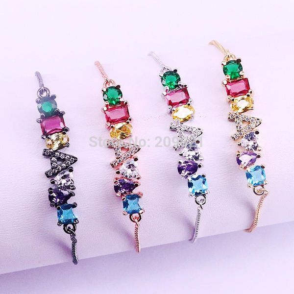 

10pcs unique design fashion shiny cz bracelet colorful zircon alphabet letter a gorgeous bracelet for women adjustable jewelry, Black