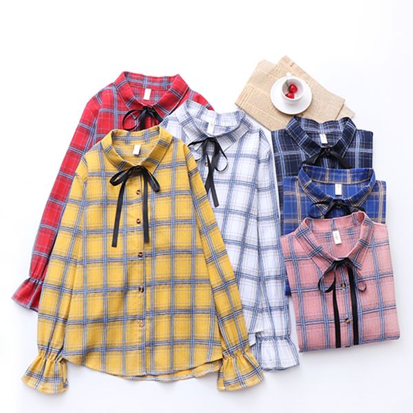 

new arrival 2019 spring women fashion korean bow blouse plaid shirt flannel shirts female long sleeve blusa quality, White