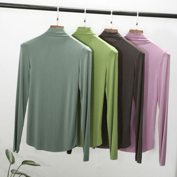 

autumn modal t- half-high collar long sleeve traceless t-shirt female solid color slim size base shirt top, White