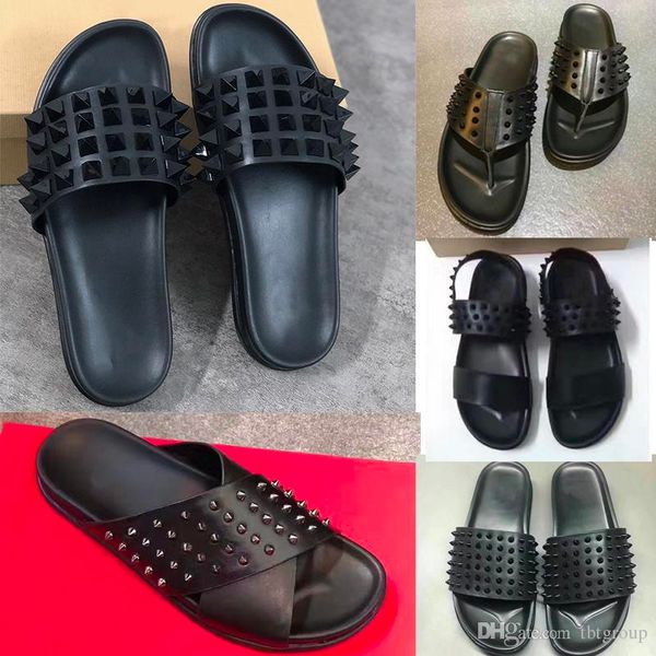 

mens designer shoes red bottom spikes slippers genuine leather sandals luxury summer flat flip flops large size, Black