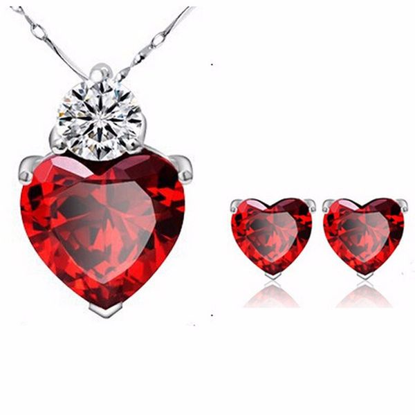 Coração vermelho conjunto de jóias pingente colar brincos para menina mulheres zircon projeta cúbico zirconia roxo branco cadeia de prata nupcial jóias